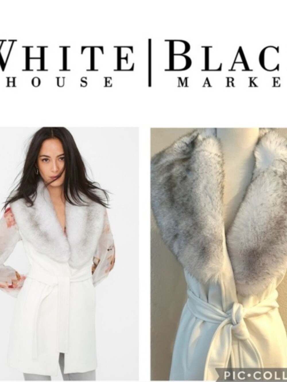 White House Black Market White Sleeveless Coatigan with Gray Faux Fur Collar